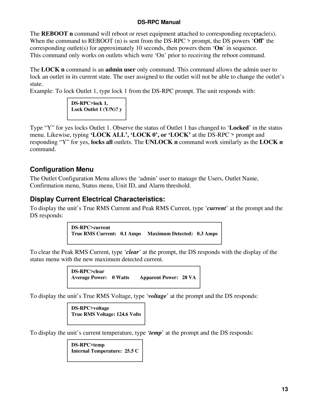 Bay Technical Associates DS2-RPC, DS4D-RPC manual Configuration Menu, Display Current Electrical Characteristics 