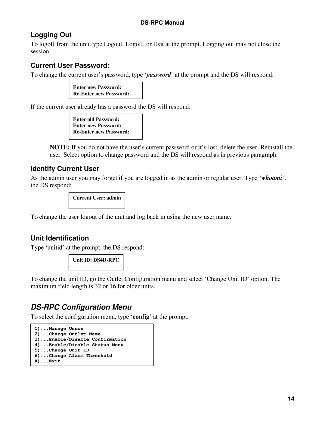 Bay Technical Associates DS4D-RPC DS-RPC Configuration Menu, Logging Out, Current User Password, Identify Current User 