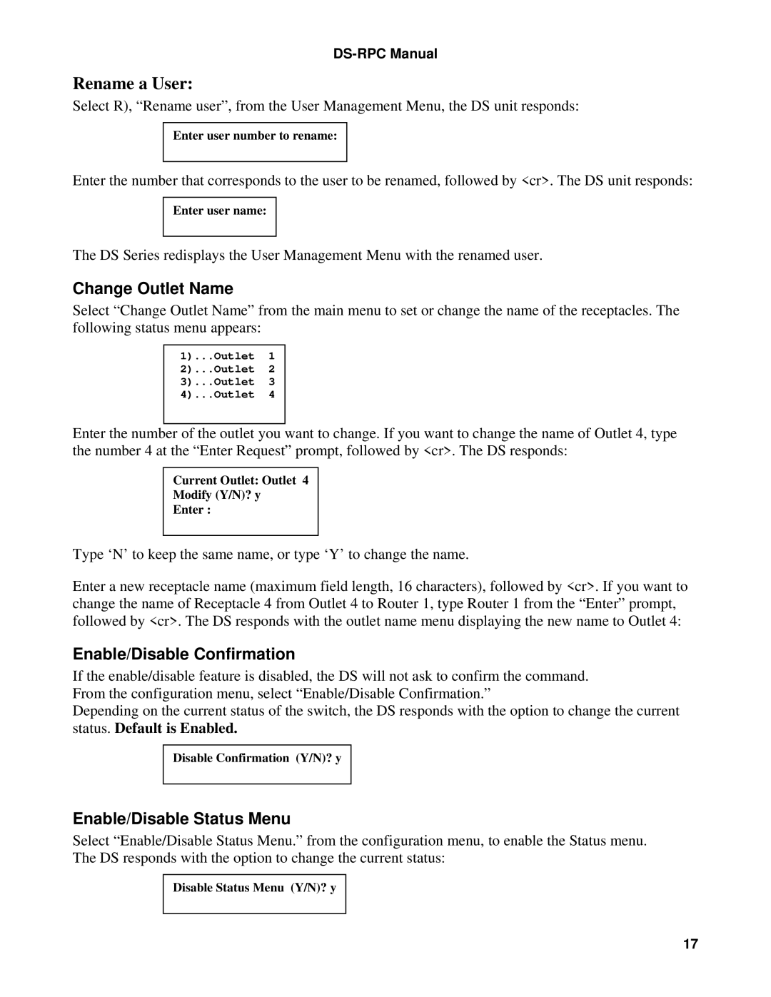 Bay Technical Associates DS2-RPC, DS4D-RPC Change Outlet Name, Enable/Disable Confirmation, Enable/Disable Status Menu 