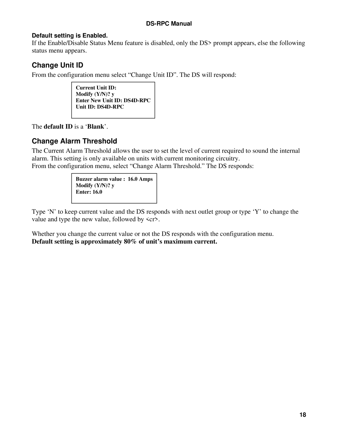 Bay Technical Associates DS4D-RPC, DS2-RPC manual Change Unit ID, Change Alarm Threshold, Default ID is a ‘Blank’ 