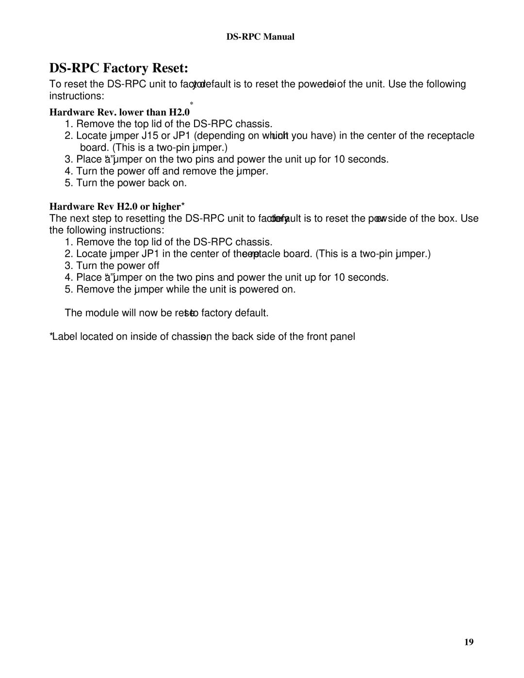 Bay Technical Associates DS2-RPC manual DS-RPC Factory Reset, Hardware Rev. lower than H2.0, Hardware Rev H2.0 or higher 