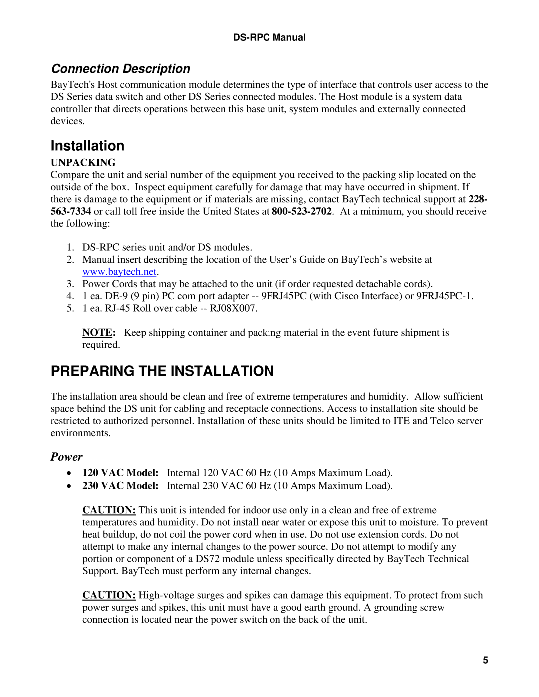 Bay Technical Associates DS2-RPC, DS4D-RPC manual Installation, Connection Description 