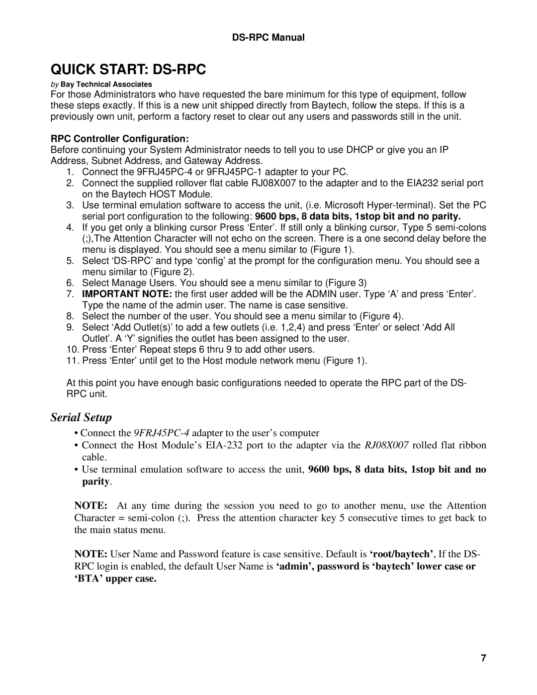 Bay Technical Associates DS2-RPC, DS4D-RPC manual Quick Start DS-RPC, ‘BTA’ upper case 