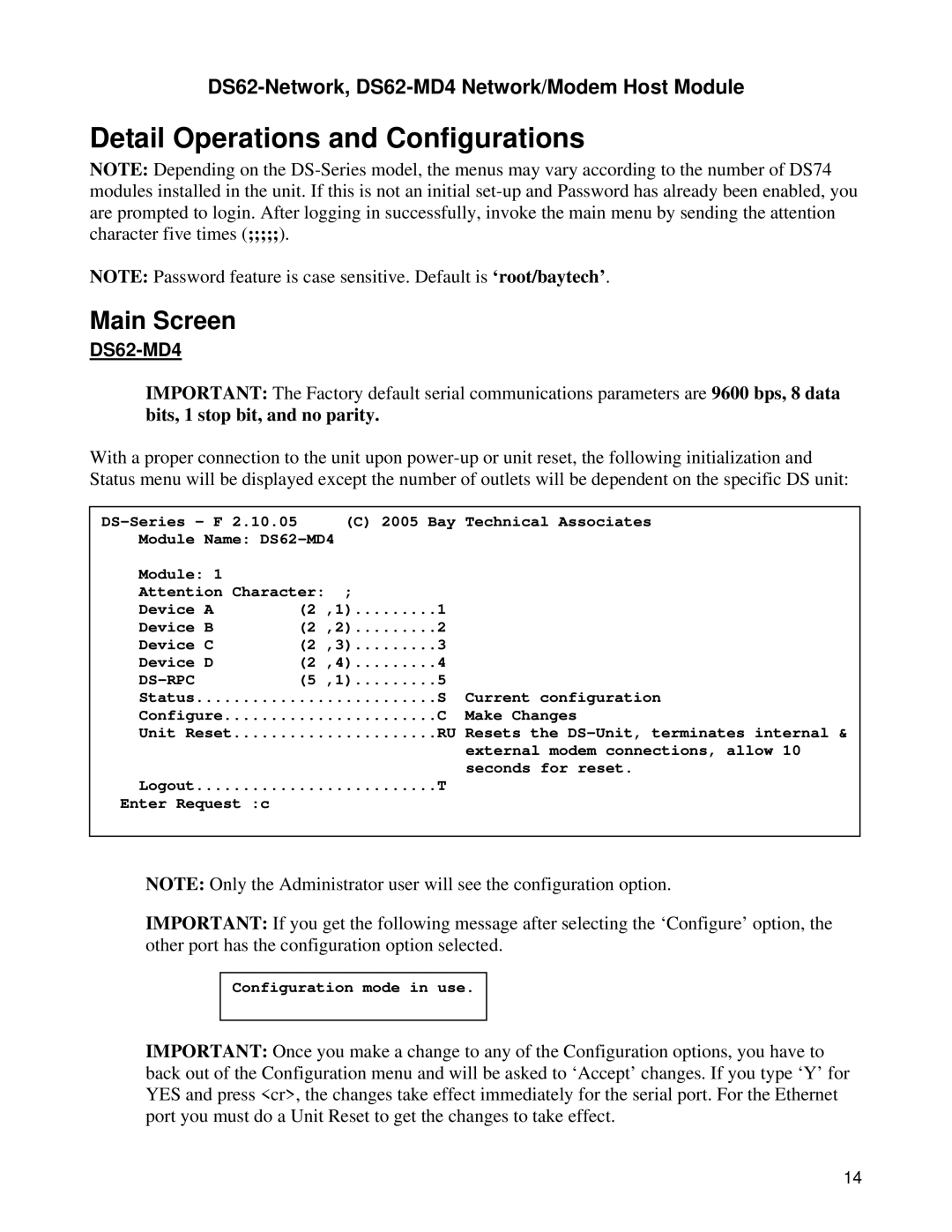 Bay Technical Associates DS Series, DS62-MD4 manual Detail Operations and Configurations, Main Screen 