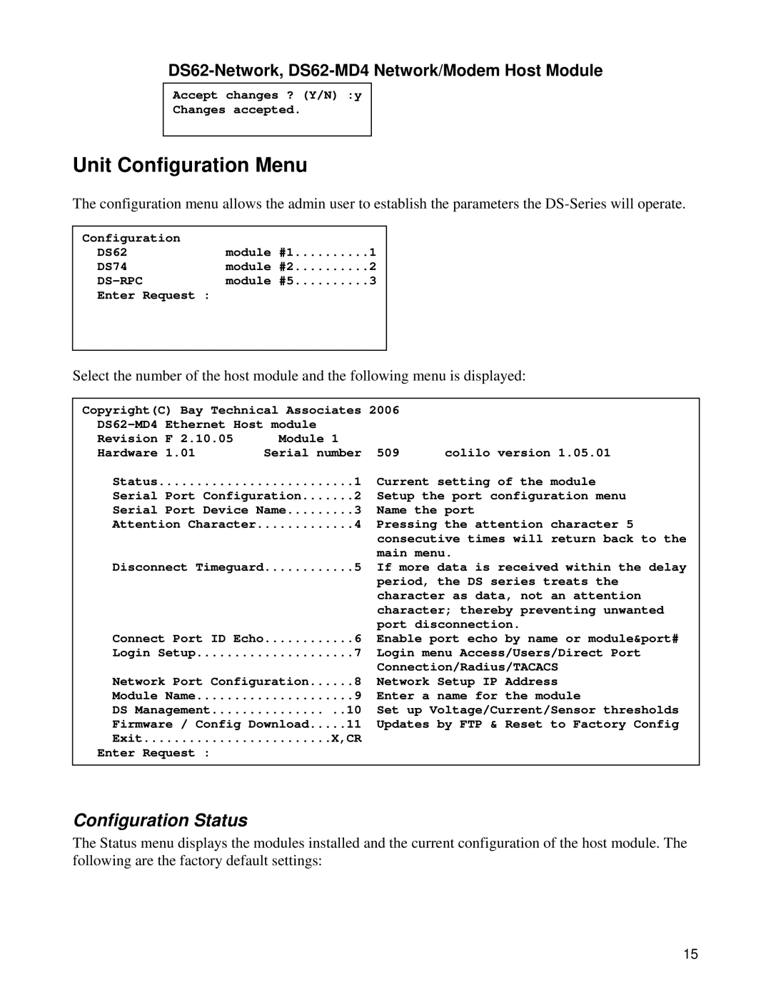 Bay Technical Associates DS62-MD4, DS Series manual Unit Configuration Menu, Configuration Status 