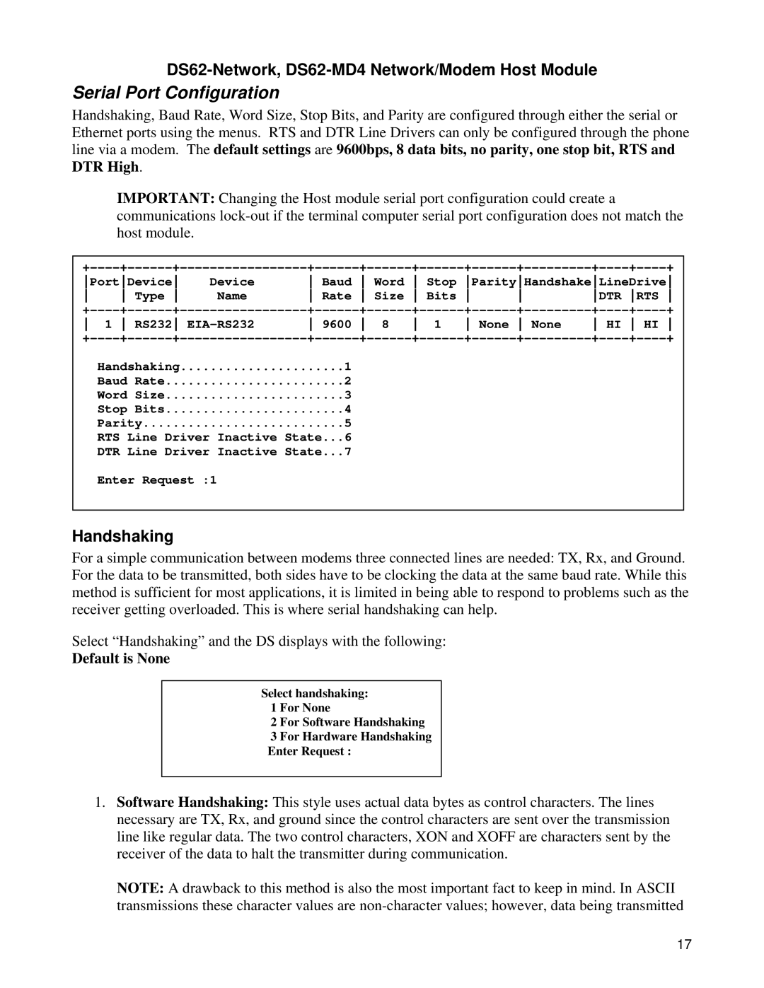 Bay Technical Associates DS Series, DS62-MD4 manual Serial Port Configuration, Handshaking, Default is None 