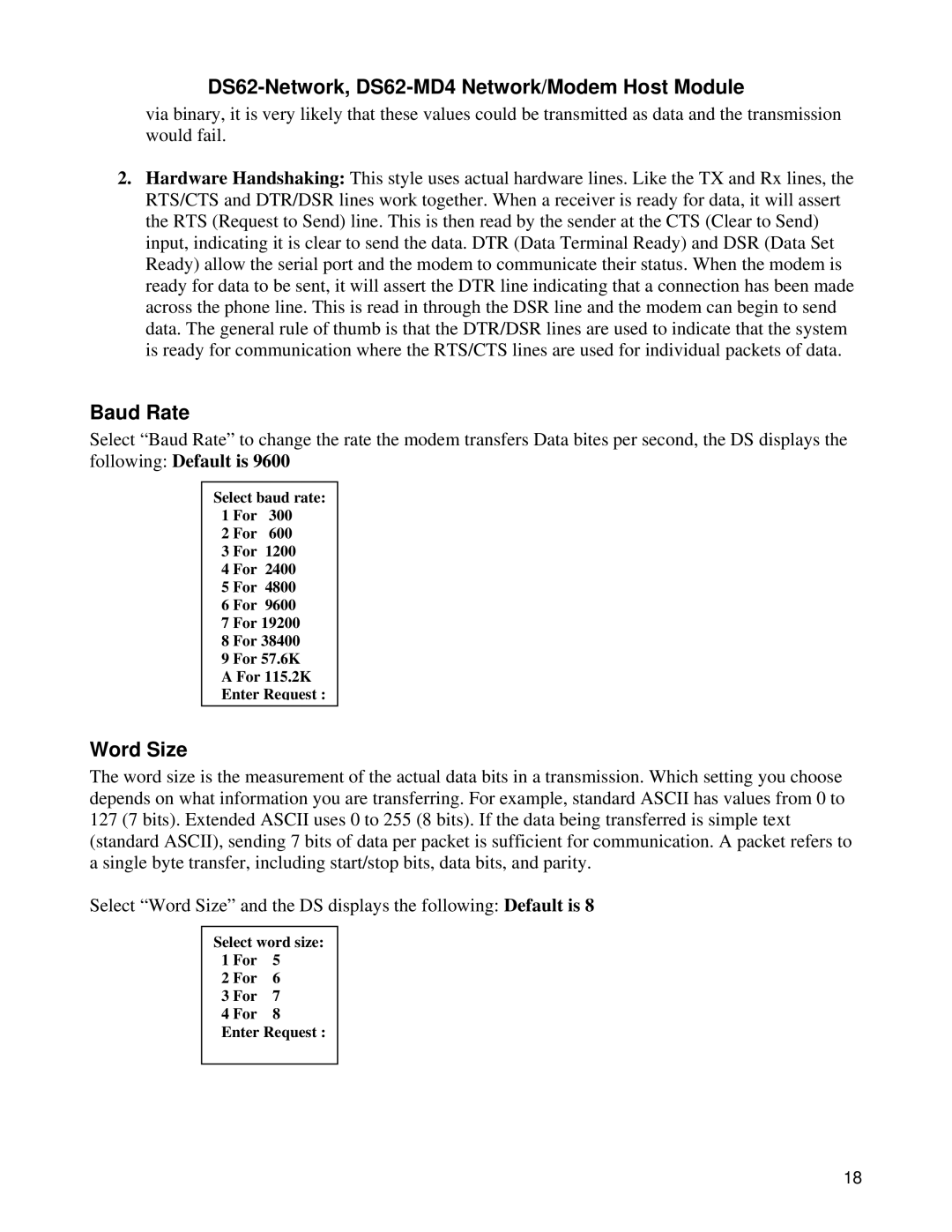 Bay Technical Associates DS62-MD4, DS Series manual Baud Rate, Word Size 