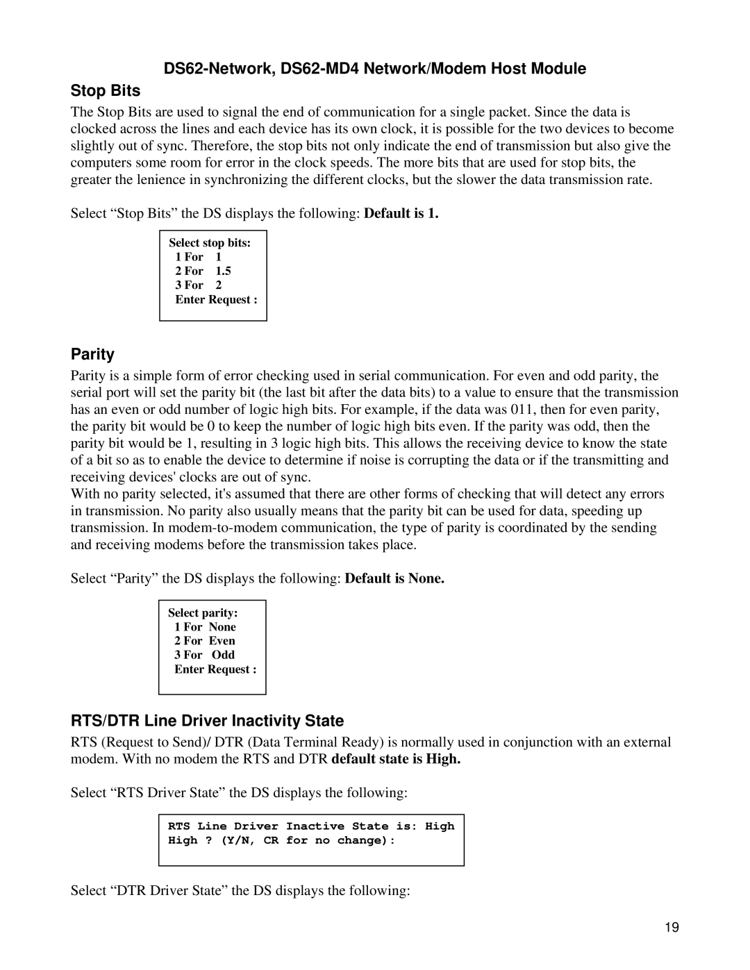 Bay Technical Associates DS Series manual DS62-Network, DS62-MD4 Network/Modem Host Module Stop Bits, Parity 