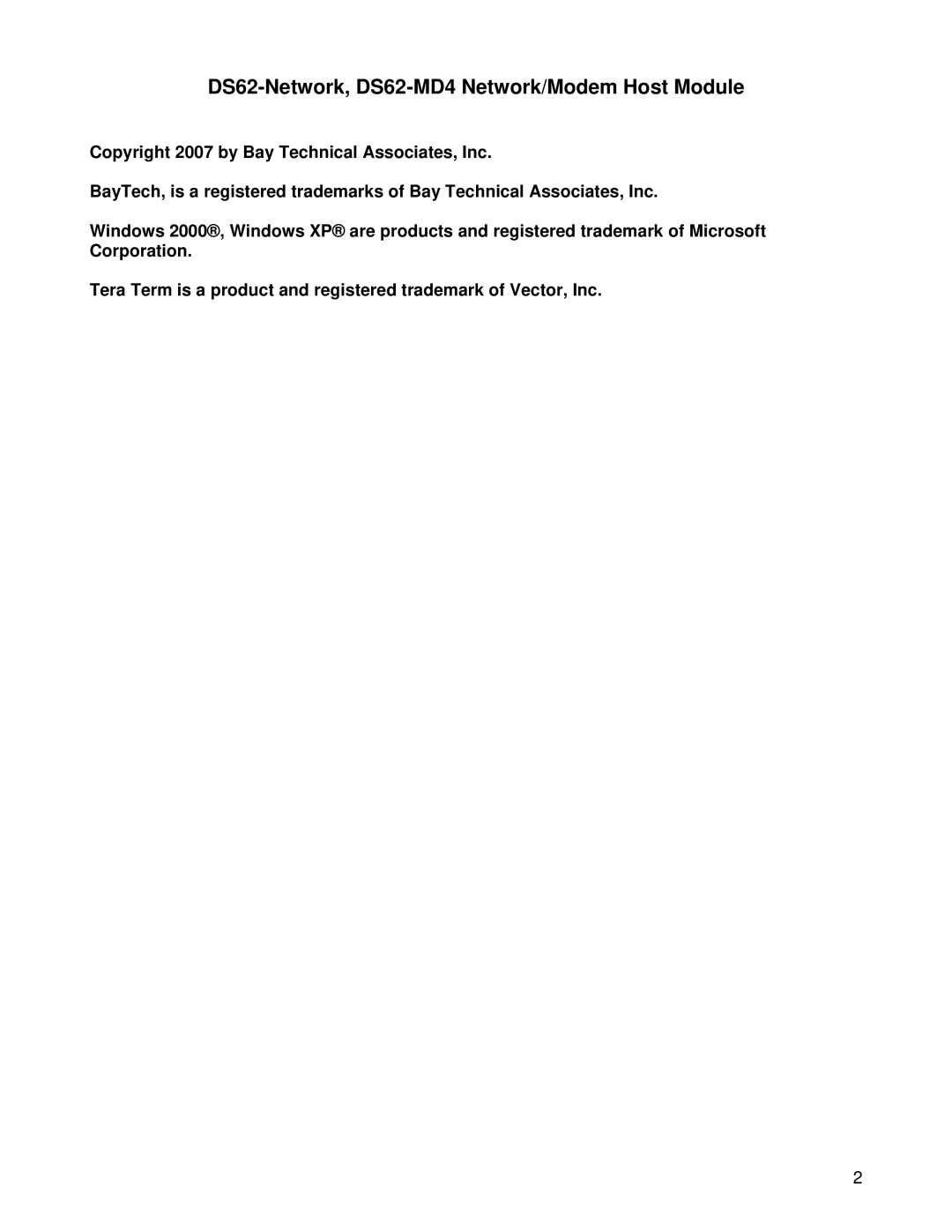 Bay Technical Associates DS Series manual DS62-Network, DS62-MD4 Network/Modem Host Module 