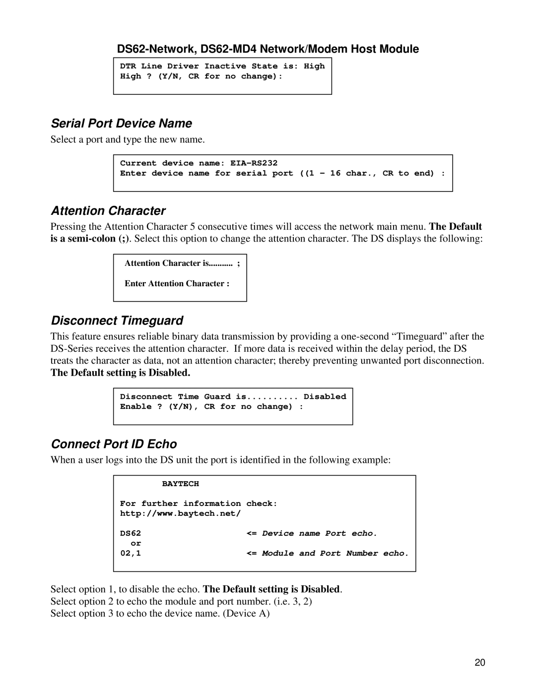 Bay Technical Associates DS Series, DS62-MD4 manual Serial Port Device Name, Disconnect Timeguard, Connect Port ID Echo 