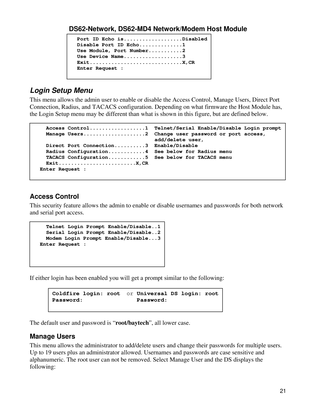 Bay Technical Associates DS62-MD4, DS Series manual Login Setup Menu, Access Control, Manage Users 