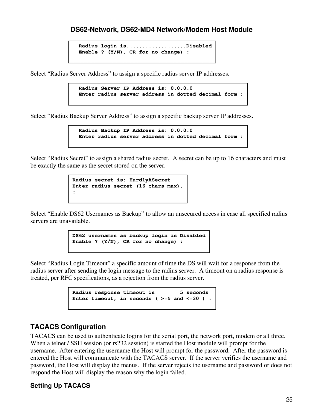 Bay Technical Associates DS62-MD4, DS Series manual Tacacs Configuration 