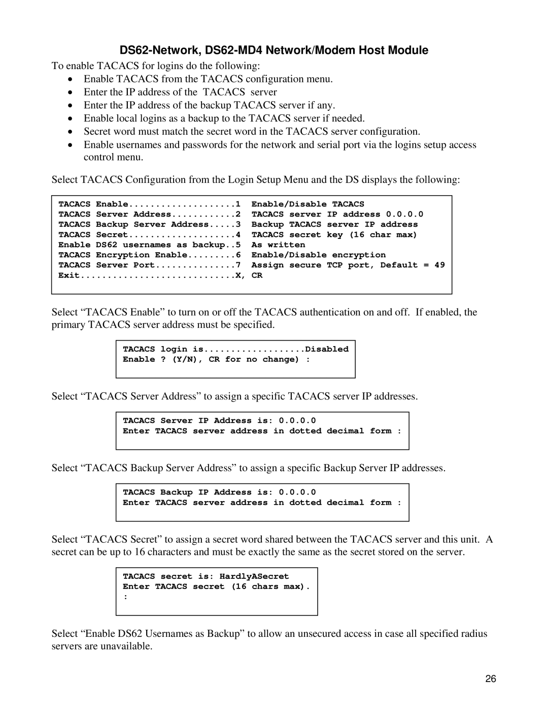 Bay Technical Associates DS Series, DS62-MD4 manual Tacacs 