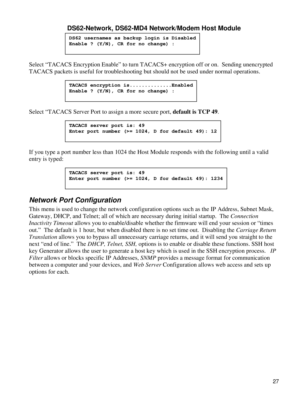 Bay Technical Associates DS62-MD4, DS Series manual Network Port Configuration 