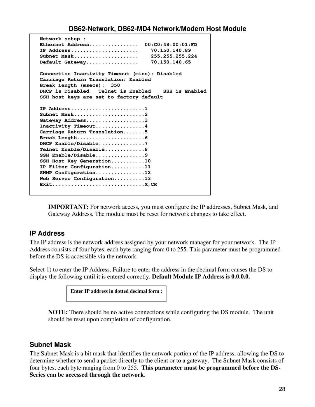 Bay Technical Associates DS62-MD4, DS Series manual IP Address, Subnet Mask 