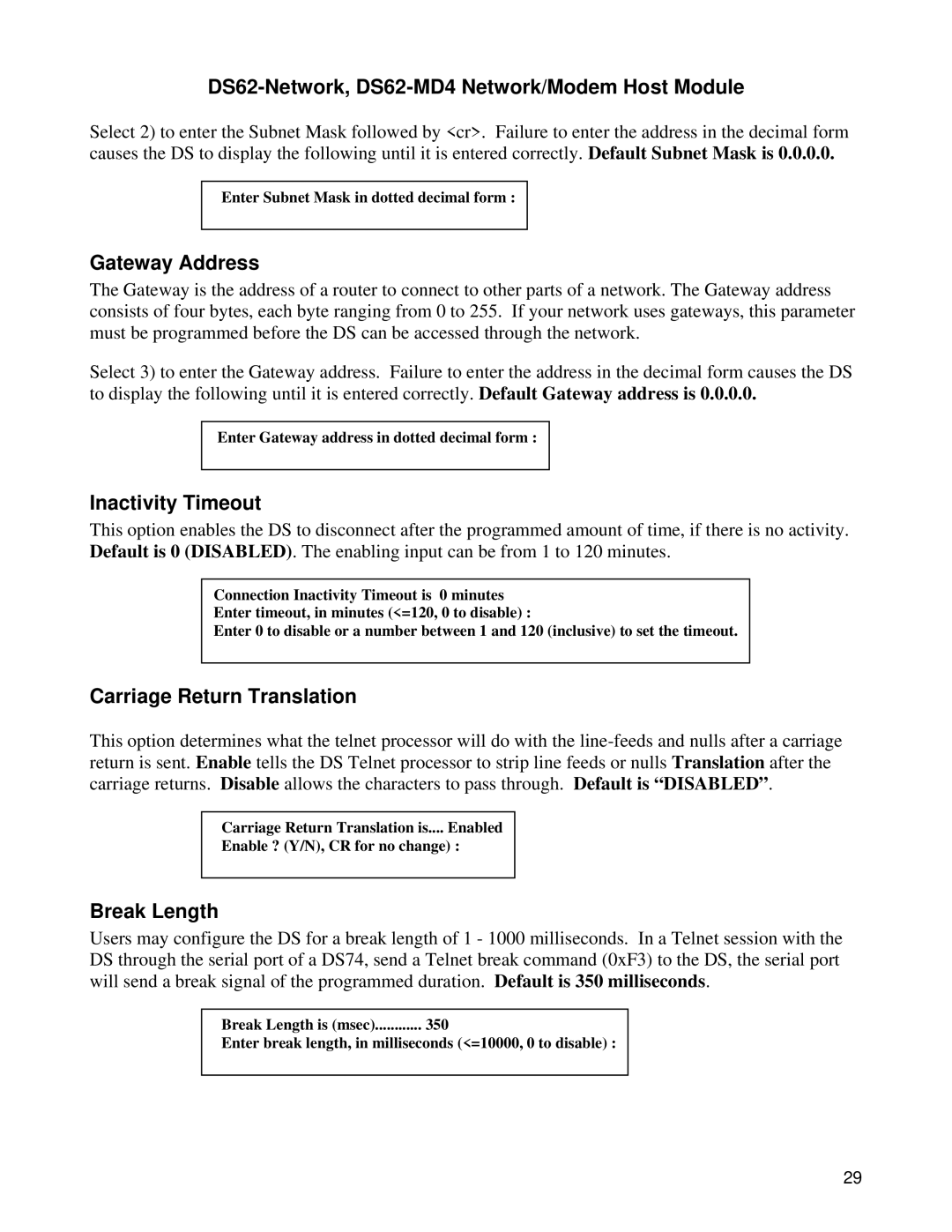 Bay Technical Associates DS Series, DS62 Gateway Address, Inactivity Timeout, Carriage Return Translation, Break Length 