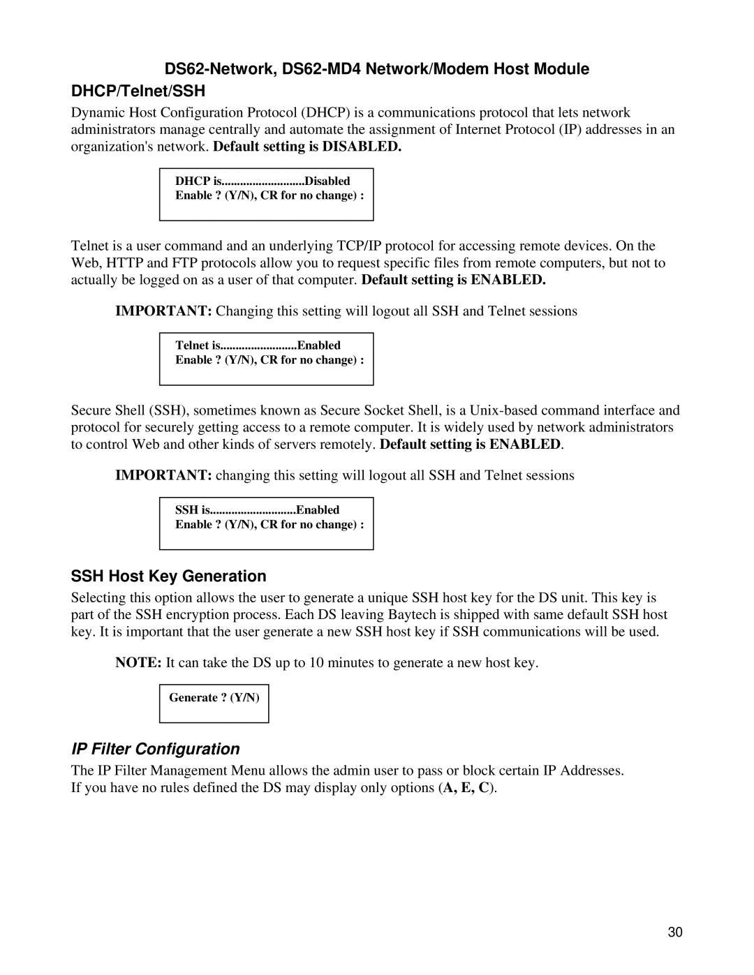 Bay Technical Associates DS62-MD4, DS Series manual SSH Host Key Generation, IP Filter Configuration 