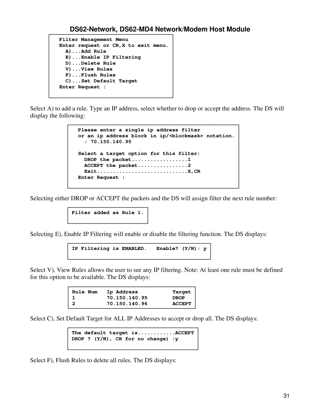 Bay Technical Associates DS62-MD4, DS Series manual Select F, Flush Rules to delete all rules. The DS displays 