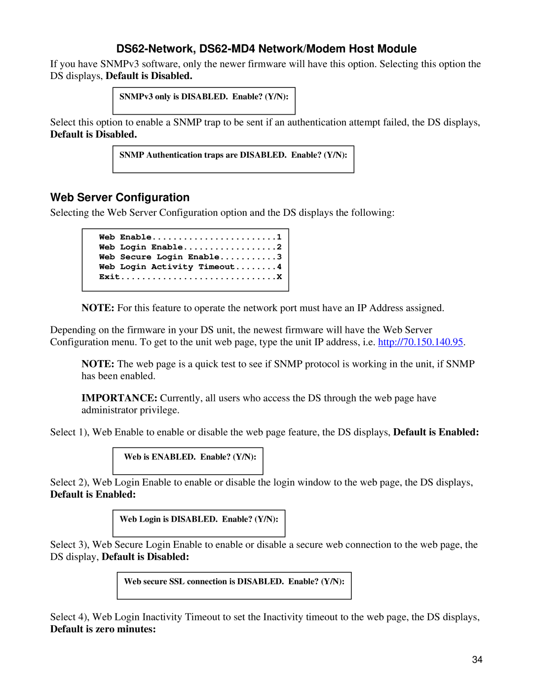 Bay Technical Associates DS62 Web Server Configuration, Default is Disabled, Default is Enabled, Default is zero minutes 