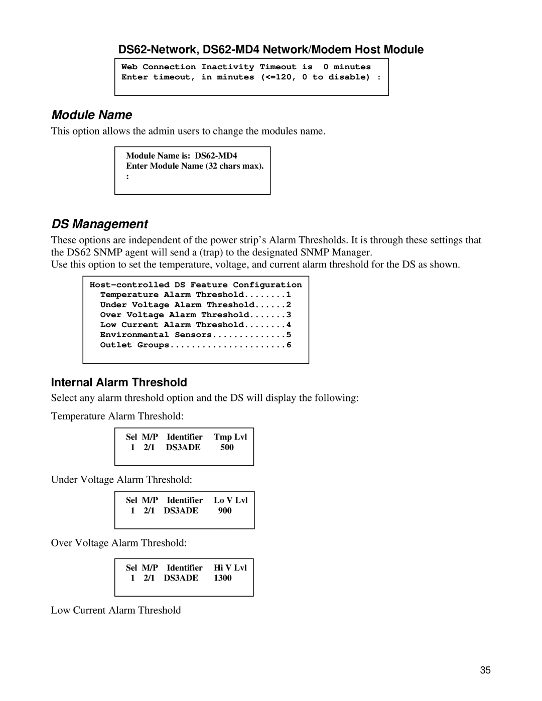 Bay Technical Associates DS Series, DS62-MD4 manual Module Name, DS Management, Internal Alarm Threshold 