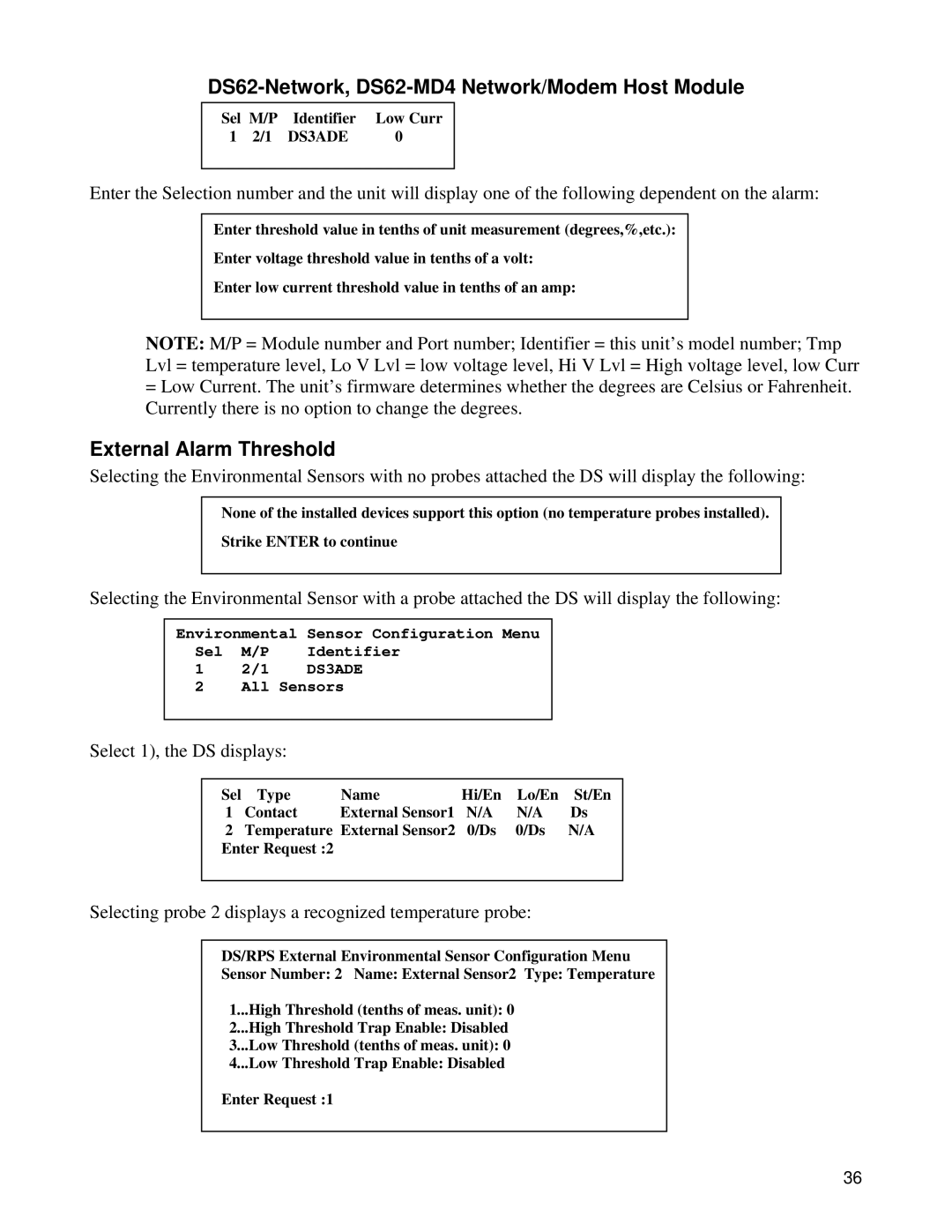 Bay Technical Associates DS62-MD4, DS Series manual External Alarm Threshold, Select 1, the DS displays 