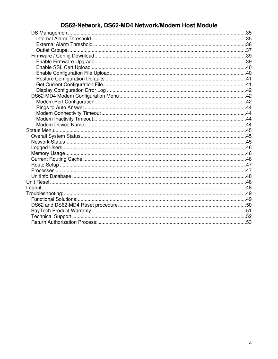 Bay Technical Associates DS Series manual DS62-Network, DS62-MD4 Network/Modem Host Module 