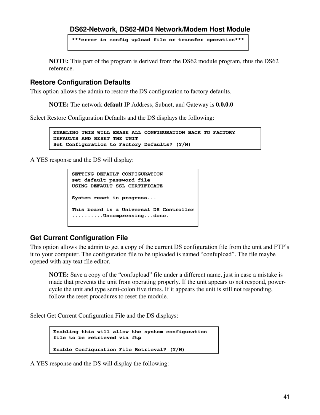 Bay Technical Associates DS Series, DS62-MD4 manual Restore Configuration Defaults, Get Current Configuration File 