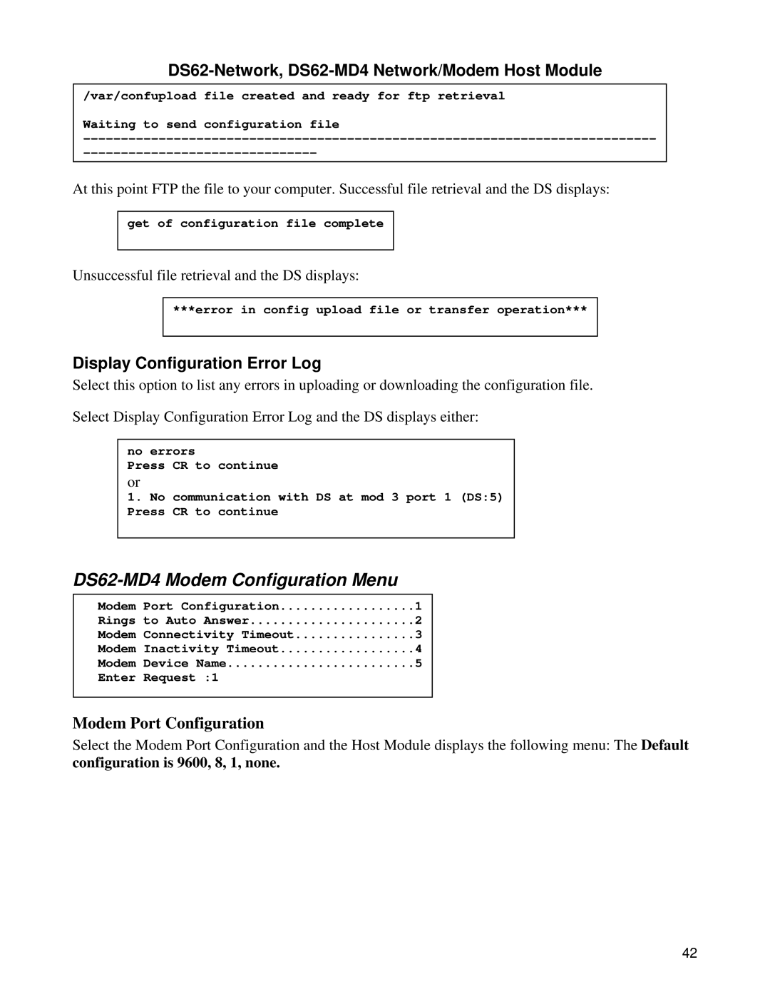 Bay Technical Associates DS Series manual DS62-MD4 Modem Configuration Menu, Display Configuration Error Log 