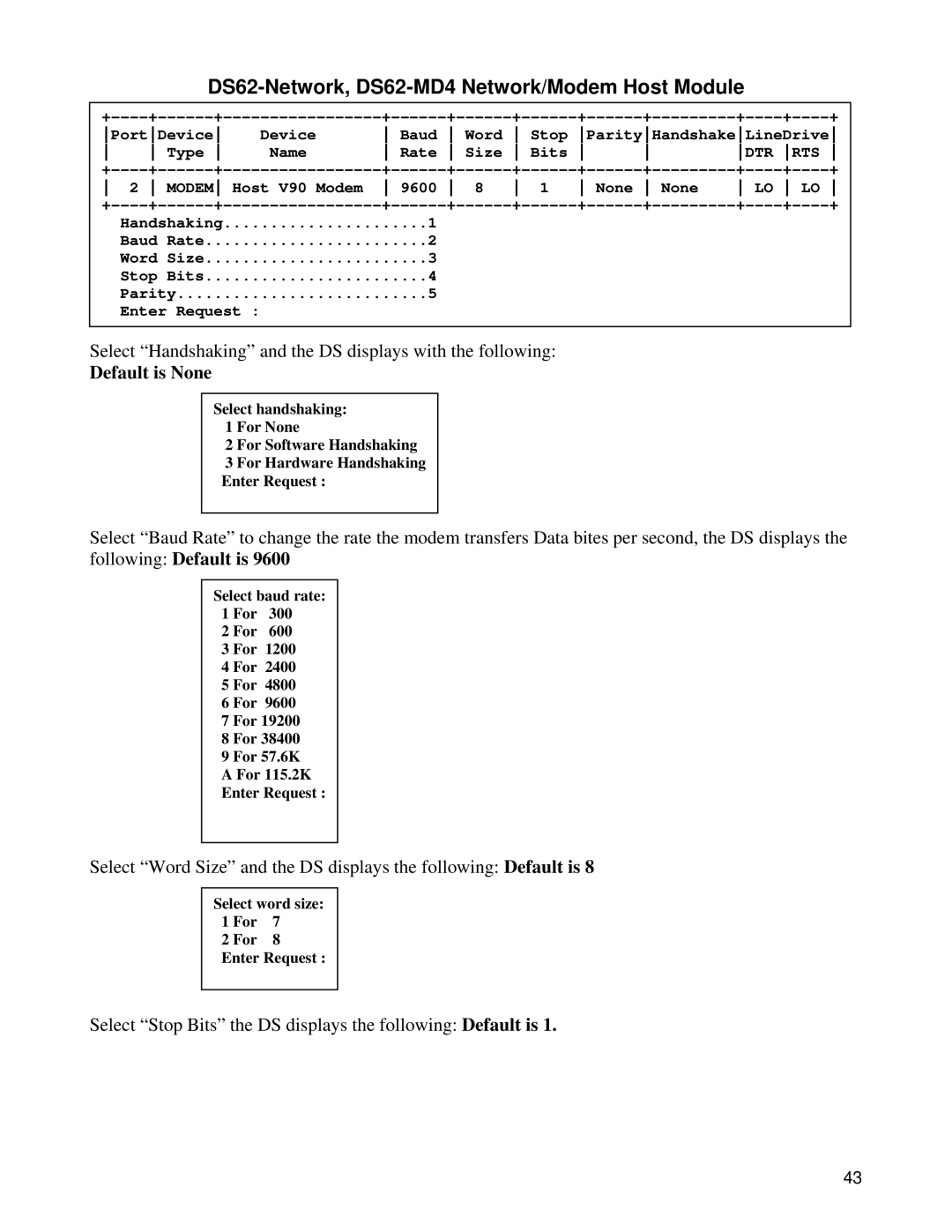 Bay Technical Associates DS62-MD4, DS Series manual Modem Host V90 Modem 9600 None None LO LO 