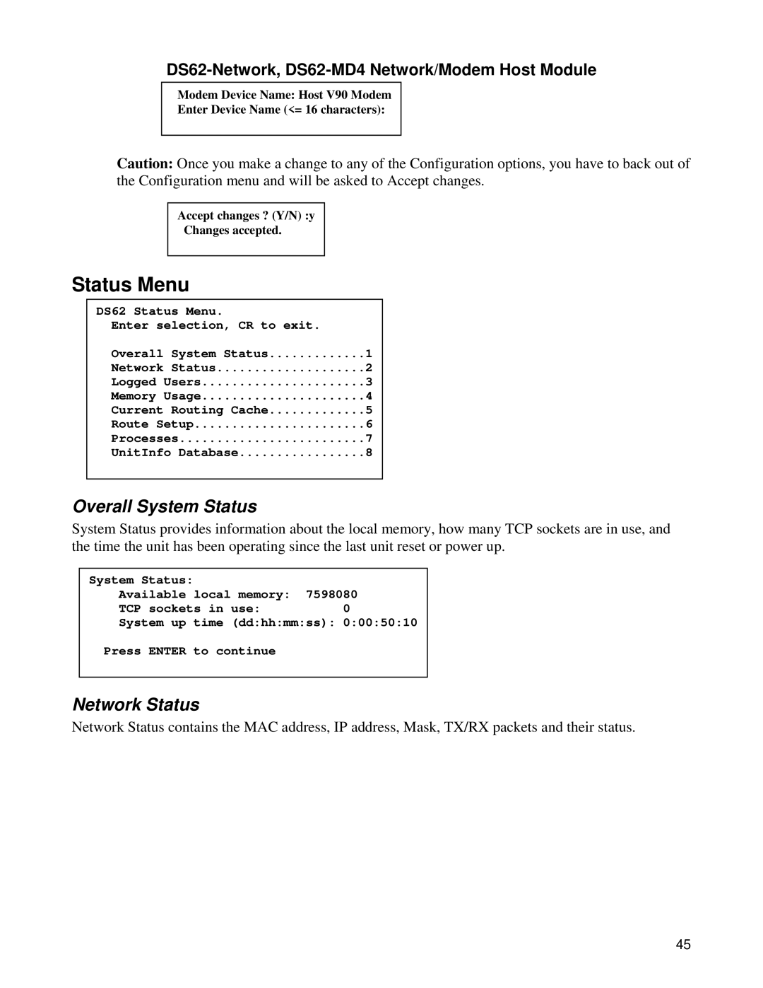 Bay Technical Associates DS62-MD4, DS Series manual Status Menu, Overall System Status, Network Status 