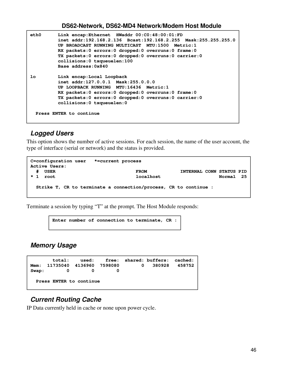 Bay Technical Associates DS62-MD4, DS Series manual Logged Users, Memory Usage, Current Routing Cache 