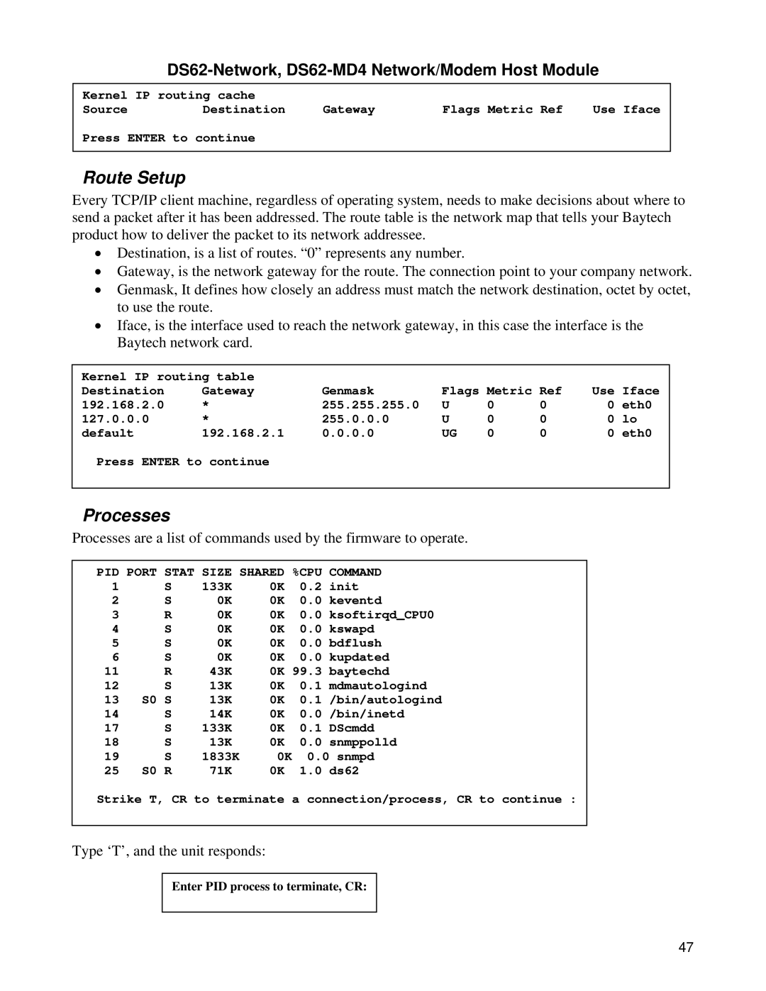 Bay Technical Associates DS Series, DS62-MD4 manual Route Setup, Processes 