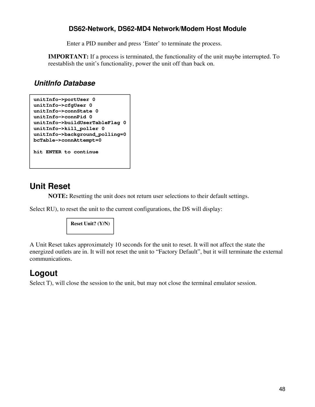 Bay Technical Associates DS62-MD4, DS Series manual Unit Reset, Logout, UnitInfo Database 