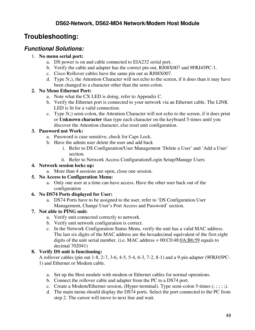 Bay Technical Associates DS62-MD4, DS Series manual Troubleshooting, Functional Solutions 