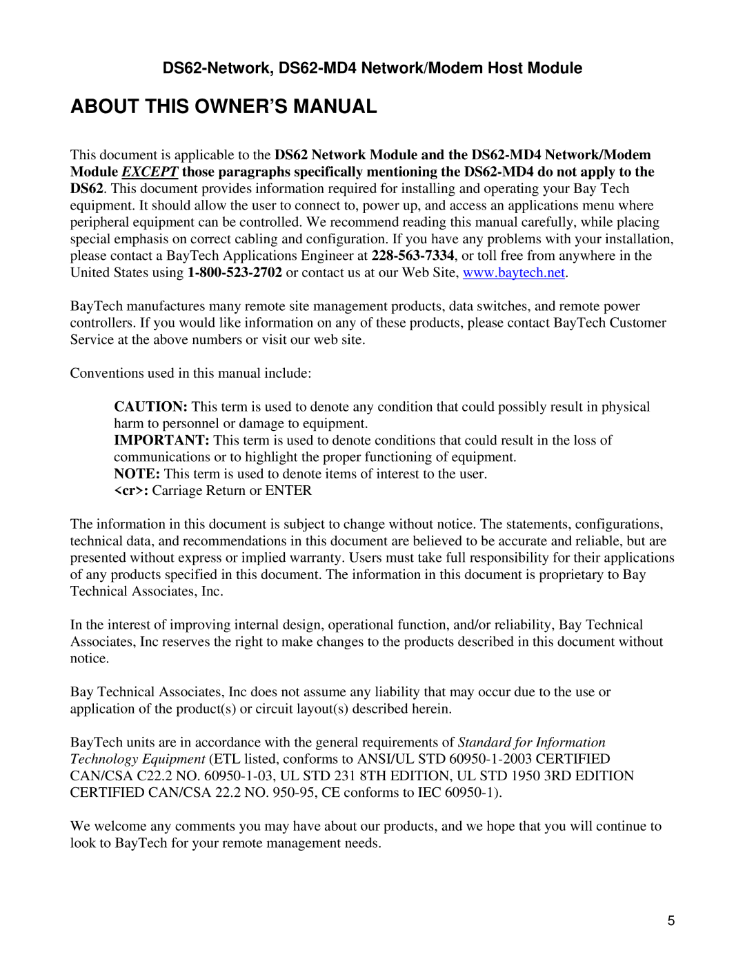 Bay Technical Associates DS Series manual DS62-Network, DS62-MD4 Network/Modem Host Module 