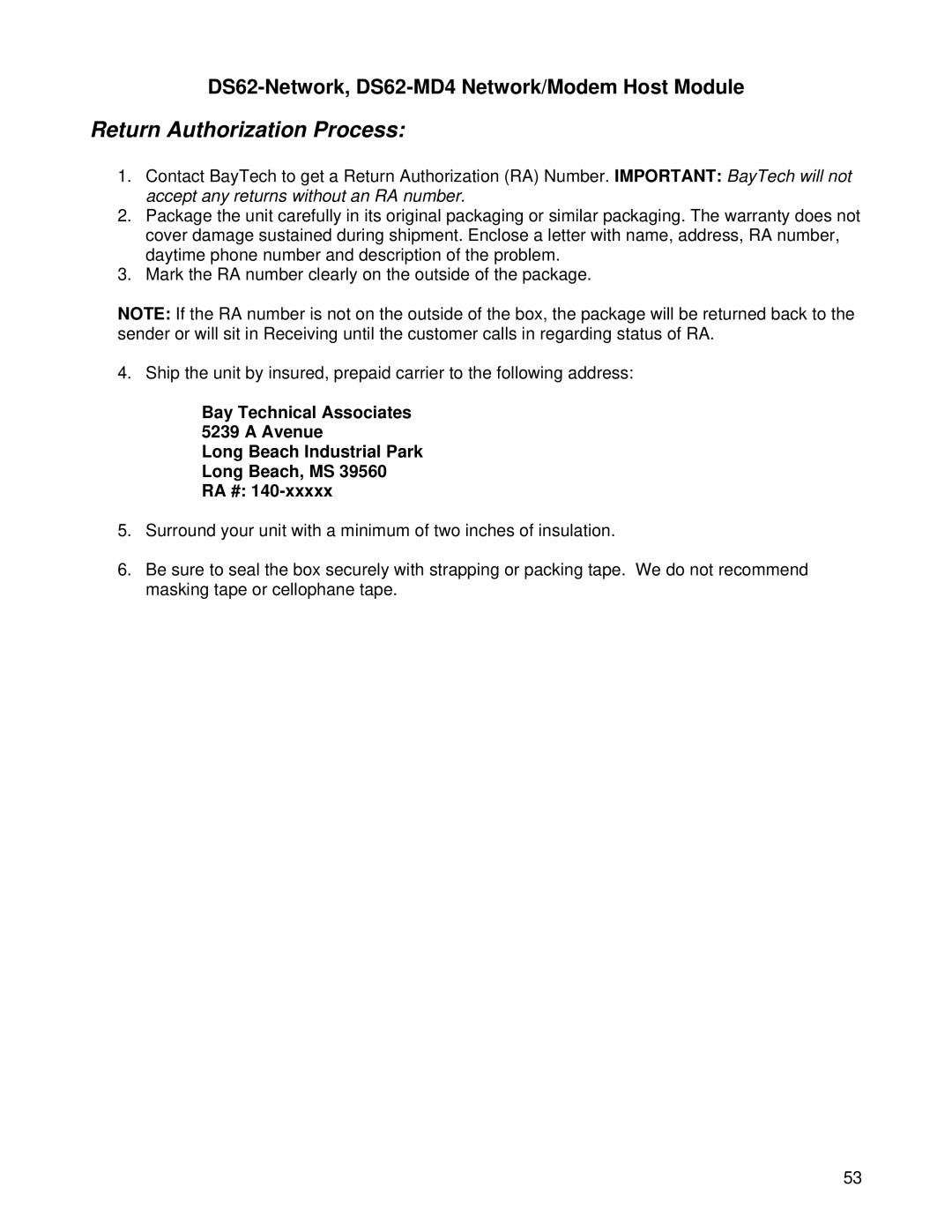 Bay Technical Associates DS Series, DS62-MD4 manual Return Authorization Process 