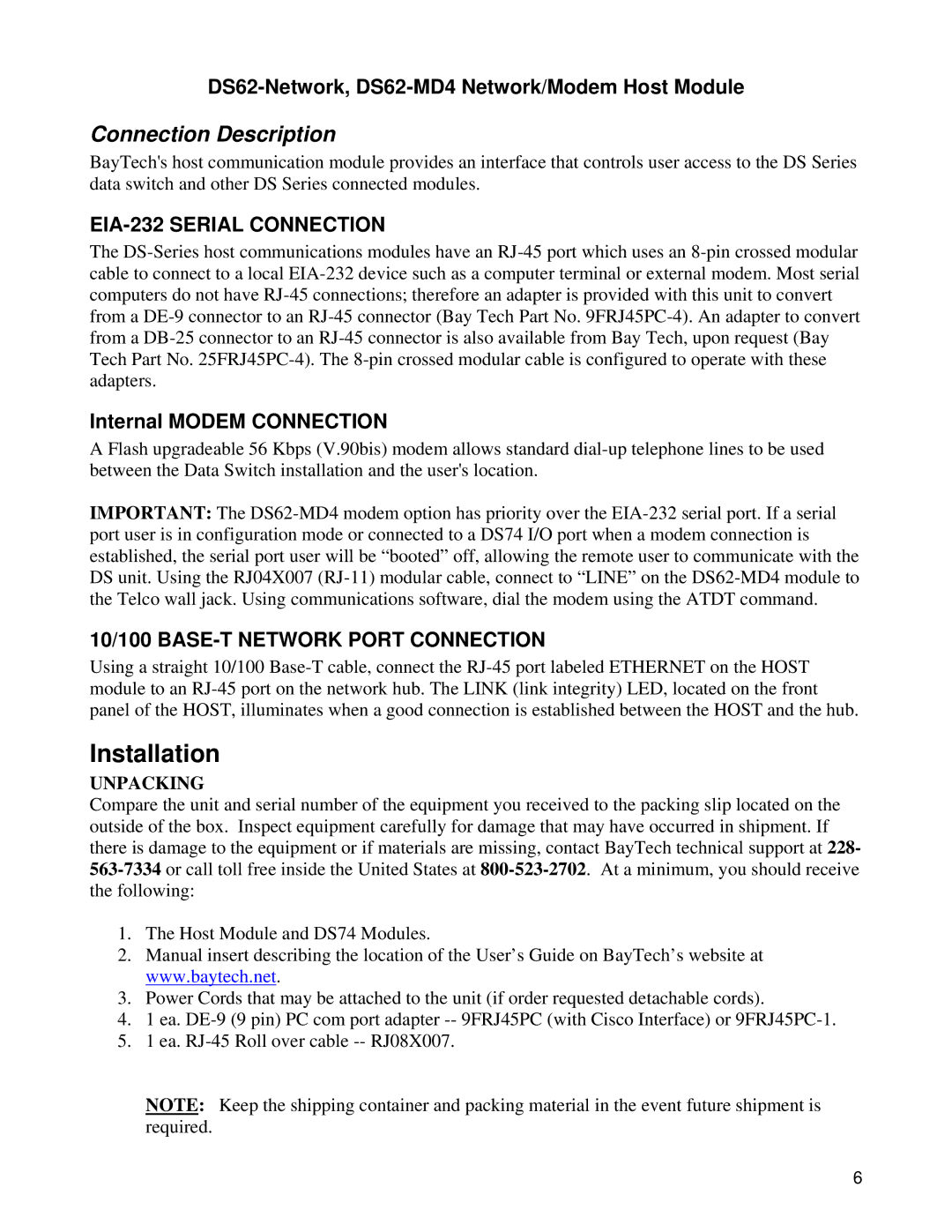 Bay Technical Associates DS62-MD4, DS Series manual Installation, Connection Description, Internal Modem Connection 