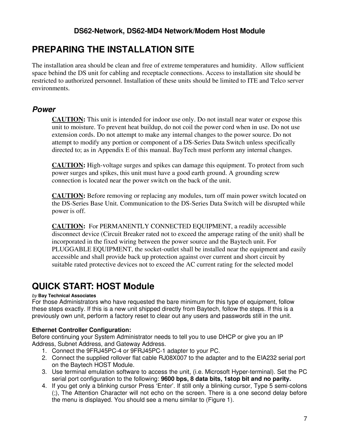 Bay Technical Associates DS62-MD4, DS Series manual Quick Start Host Module, Power 