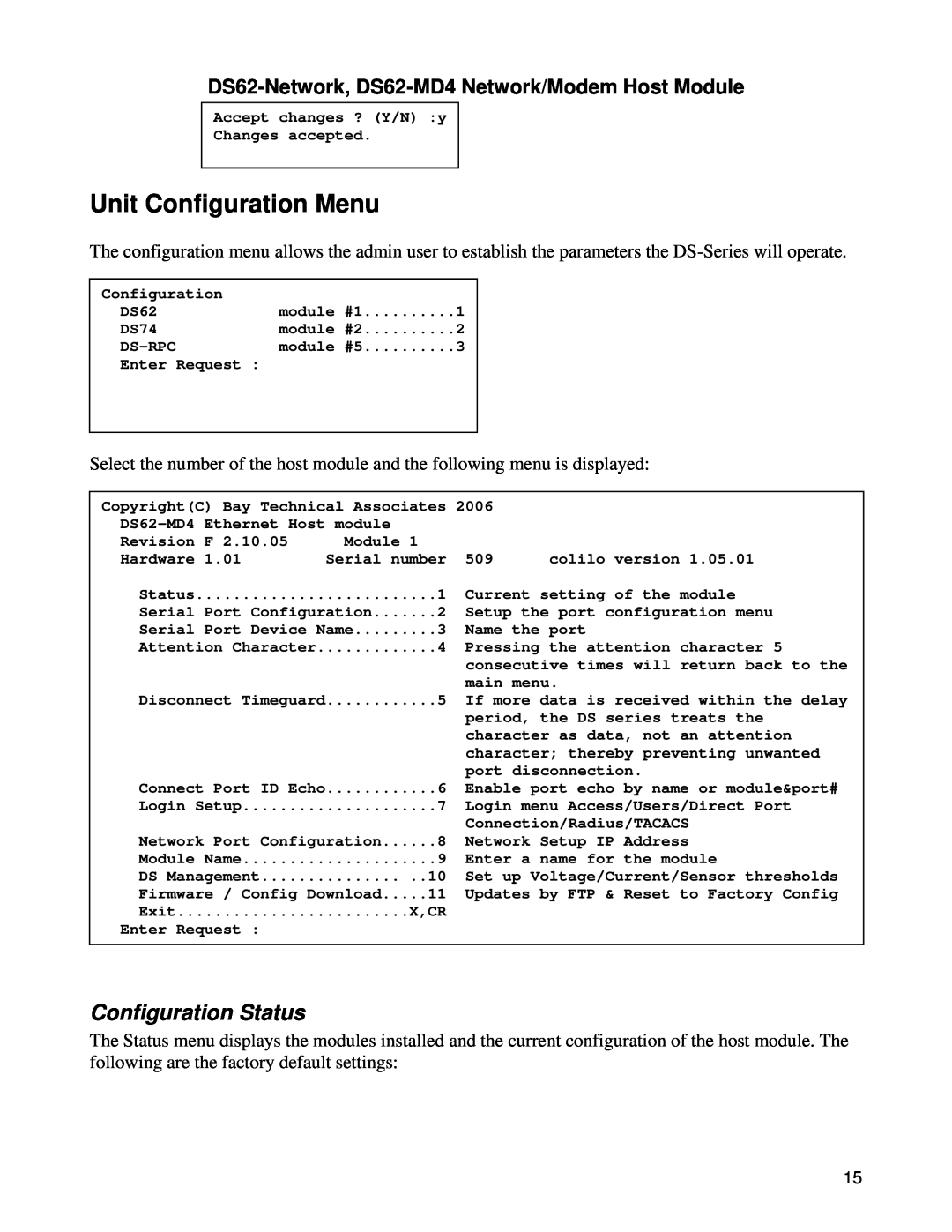 Bay Technical Associates DS62-MD4, DS Series manual Unit Configuration Menu, Configuration Status 
