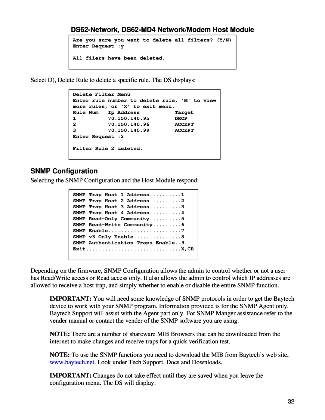 Bay Technical Associates DS Series manual SNMP Configuration, DS62-Network, DS62-MD4 Network/Modem Host Module 