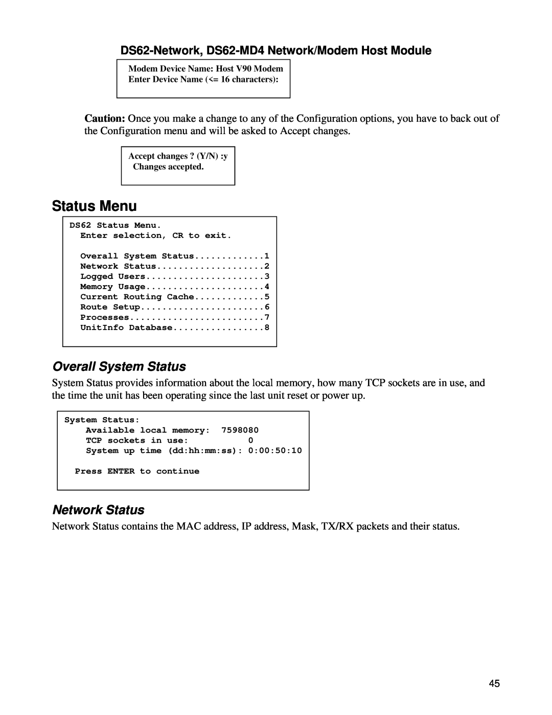 Bay Technical Associates DS62-MD4, DS Series manual Status Menu, Overall System Status, Network Status 