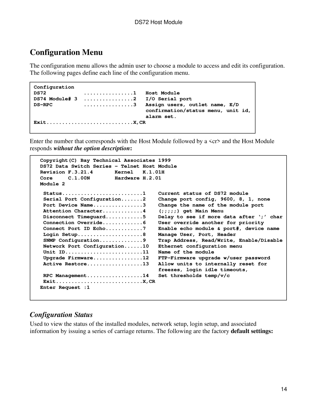 Bay Technical Associates DS72 manual Configuration Menu, Configuration Status 