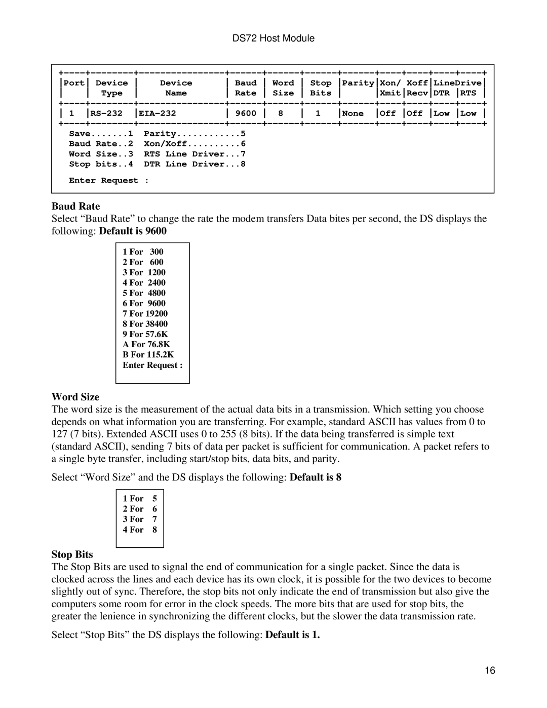 Bay Technical Associates DS72 manual Baud Rate, Word Size, Stop Bits 