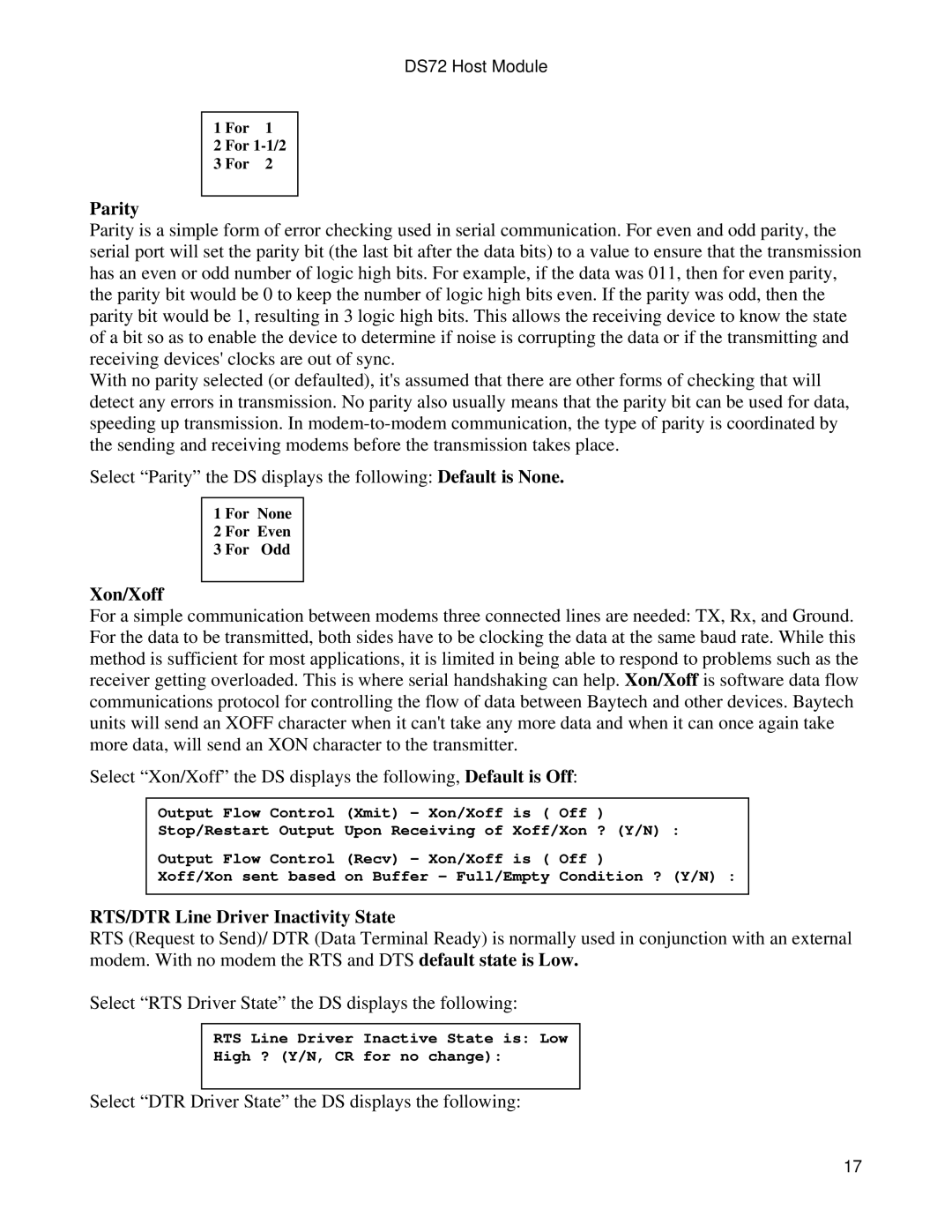 Bay Technical Associates DS72 manual Parity, Xon/Xoff, RTS/DTR Line Driver Inactivity State 