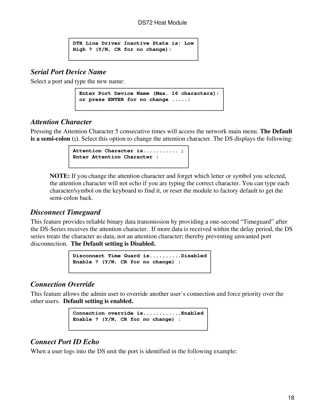Bay Technical Associates DS72 Serial Port Device Name, Disconnect Timeguard, Connection Override, Connect Port ID Echo 
