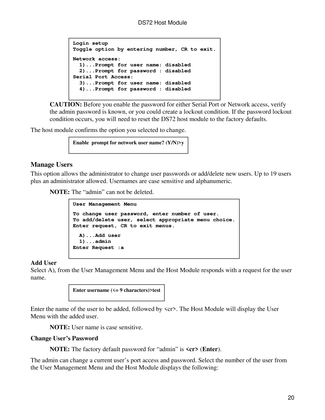 Bay Technical Associates DS72 manual Manage Users, Add User, Change User’s Password 