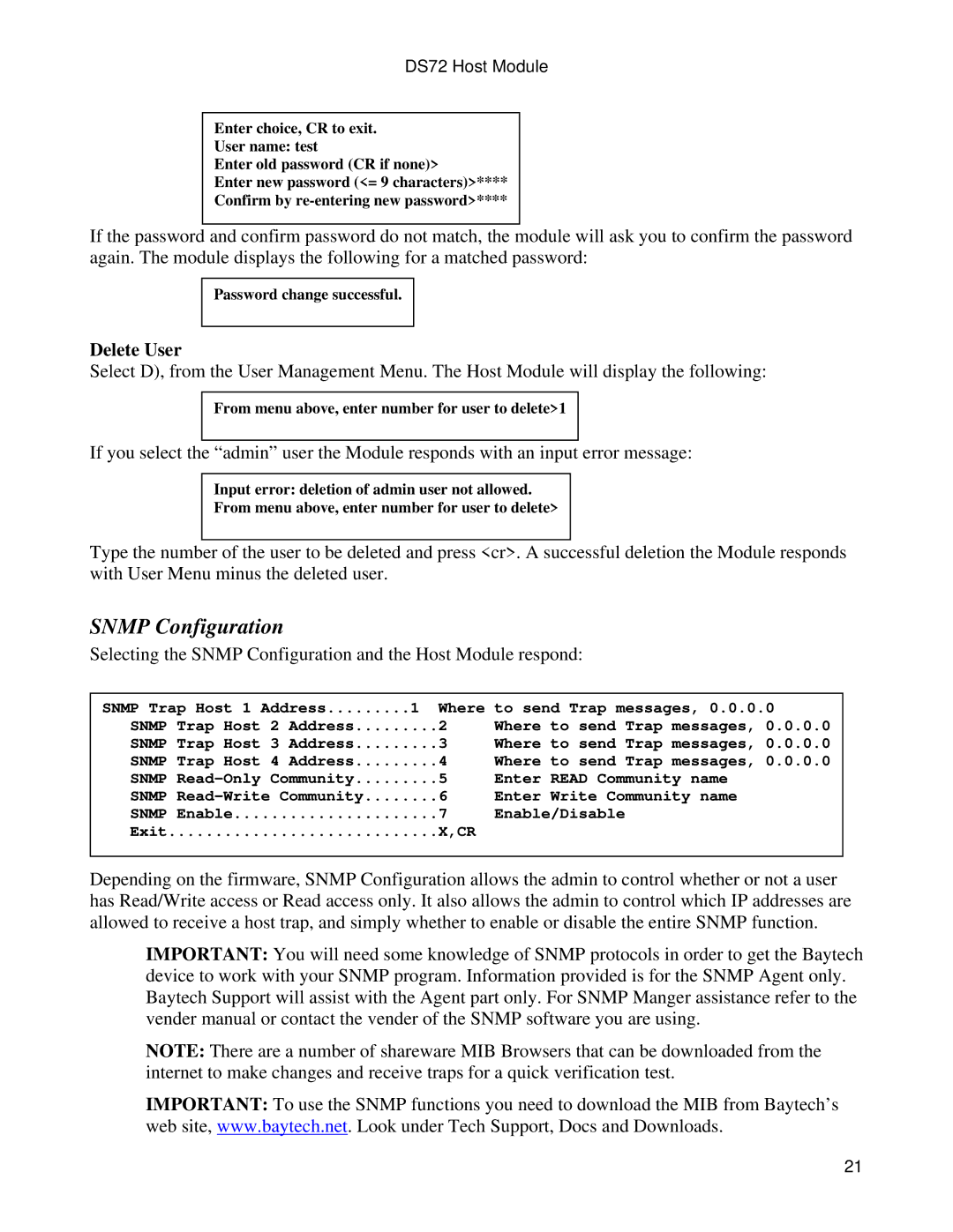 Bay Technical Associates DS72 manual Snmp Configuration, Delete User 