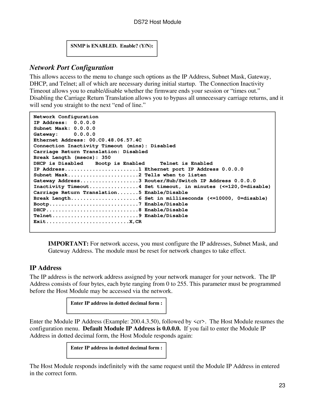 Bay Technical Associates DS72 manual Network Port Configuration, IP Address 