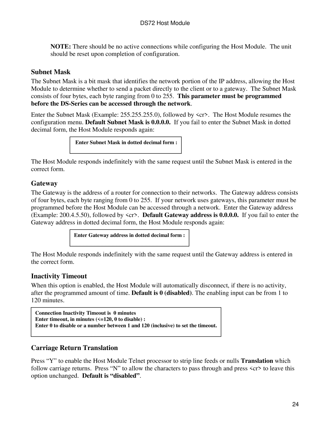 Bay Technical Associates DS72 manual Subnet Mask, Gateway, Inactivity Timeout, Carriage Return Translation 