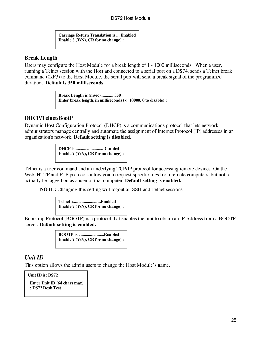 Bay Technical Associates DS72 manual Unit ID, Break Length, DHCP/Telnet/BootP 